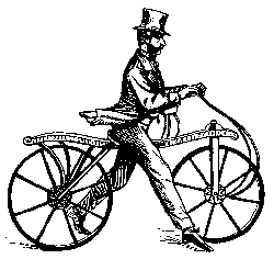 Old engraving of a man in a top hat riding a wooden draisine, the bicycle without pedals