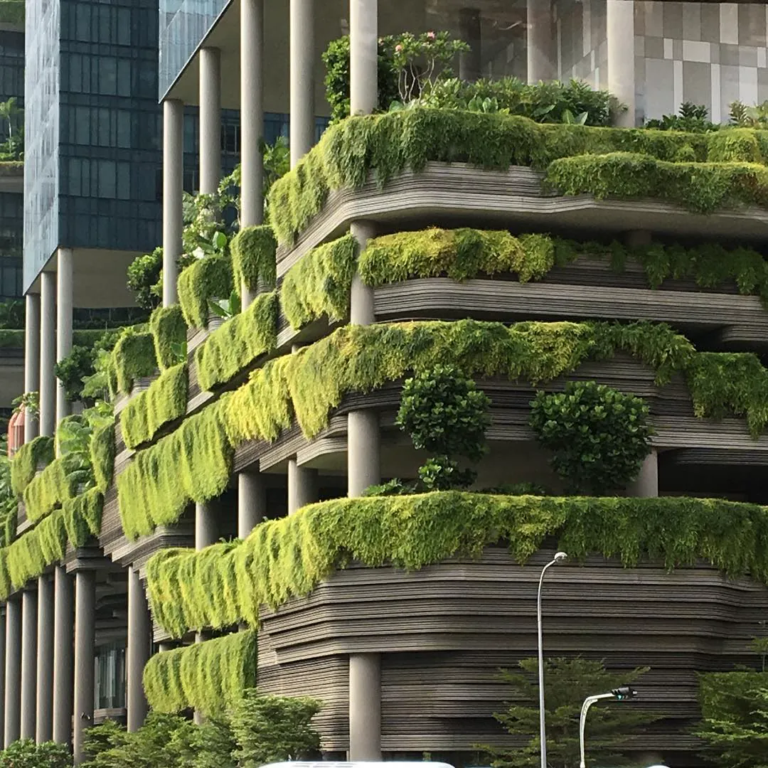 A Singapore building covered in hanging gardens on every floor