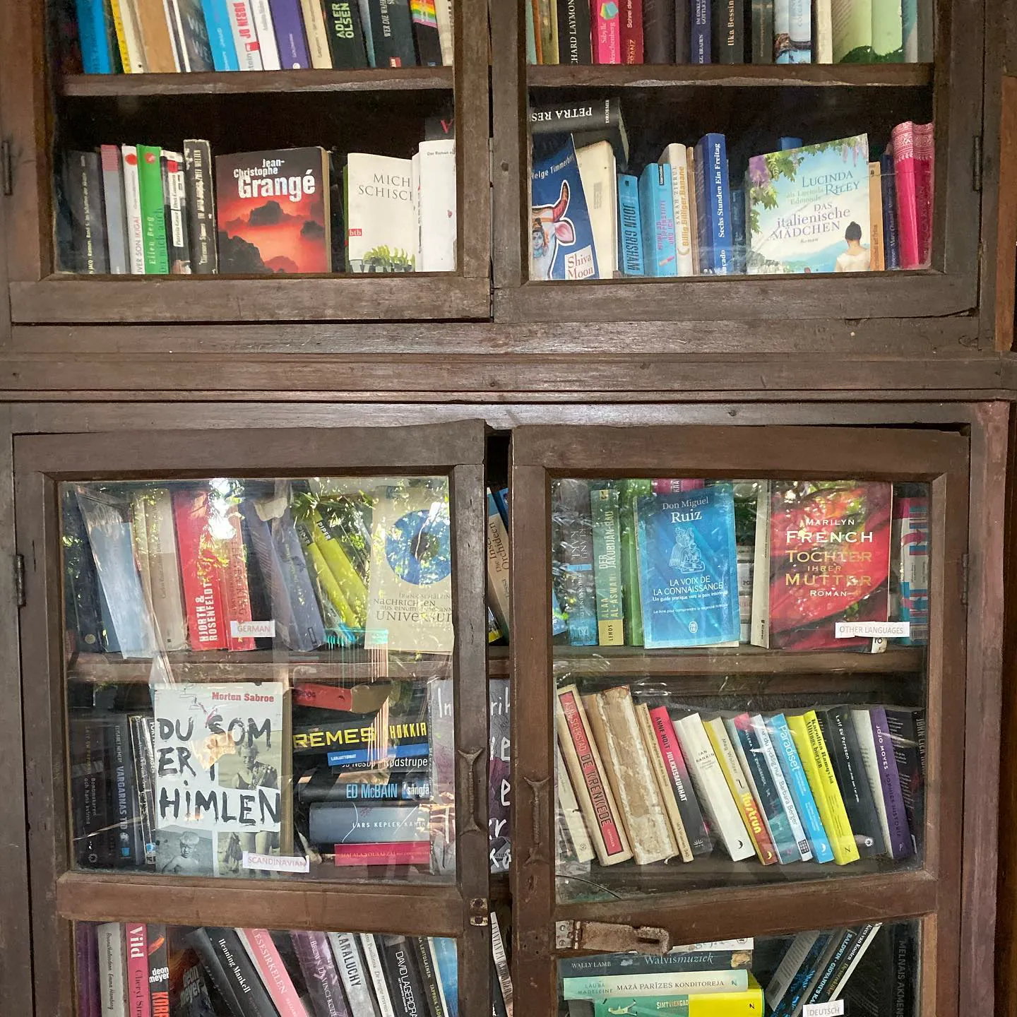 An old wooden bookcase with glass doors, full of books